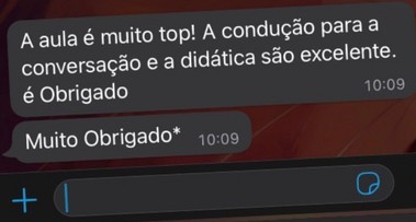 Print de mensagem de aluno no WhatsApp elogiando a aula de inglês